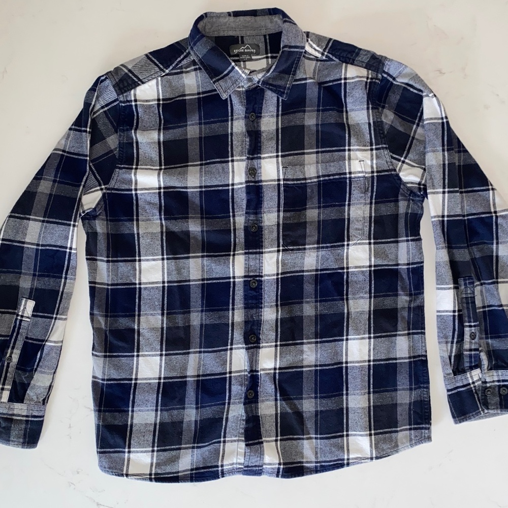 Men's Eddie Bauer Navy Plaid Button Down Cotton Flannel Shirt, Size Large